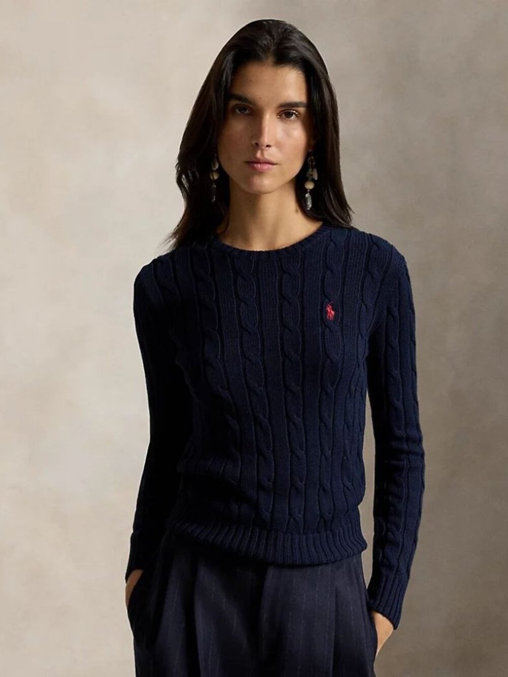 $168 Polo Ralph Lauren Cable- Knit Cotton Crewneck Sweater Blue Size S